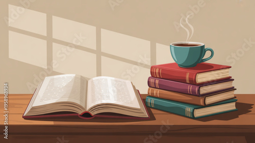 Cozy study scene with open book stacked books and steaming cup of coffee on wooden desk by window