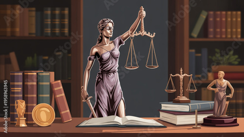 Justice statue with scales and sword on desk with books and law symbols