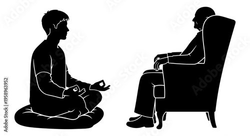 Therapist conducting a session with a seated young client in a calm setting Vector, illustration