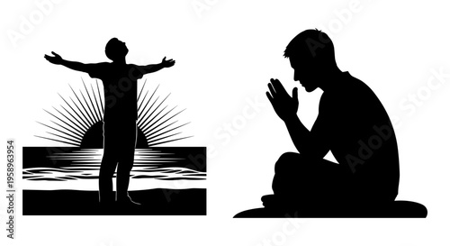 Contrast of human postures reflecting hope and prayerful contemplation Vector, illustration
