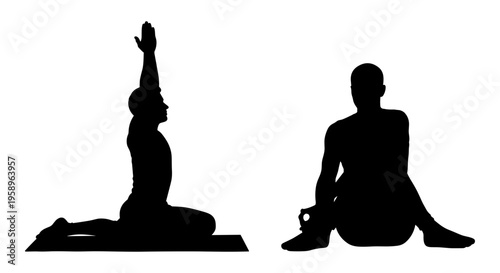 Two yoga poses depicted in silhouette against a plain background. Vector, illustration