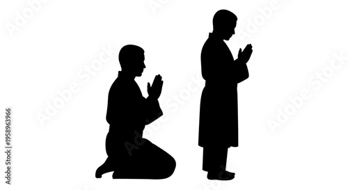 Two individuals in a posture of prayer and respectful greeting. Vector, illustration