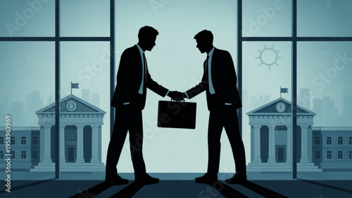 Two businessmen shaking hands in front of large office window with city skyline and government buildings in background symbolizing corporate partnership and agreement