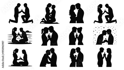 Romantic couple silhouettes in various poses and settings for love and relationship concepts