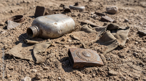 Photos Weathered military artifacts scattered across arid ground, featuring a canteen and an ornate belt buckle