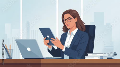Businesswoman working on tablet and laptop at office desk with city view background