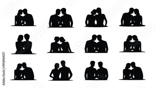 Minimalist black silhouettes of couples in various intimate poses on white background for design