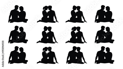 Silhouettes of couples in various intimate poses black icons on white background for graphic design