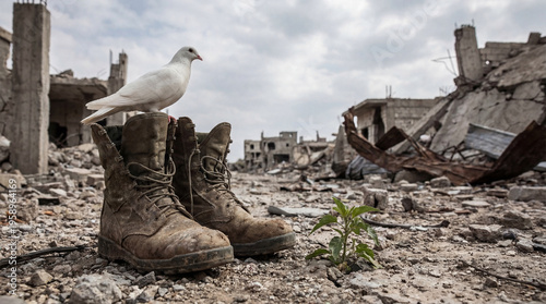 Tableau sur toile A white dove of peace perched on muddy combat boots, with a new plant in a war-torn city