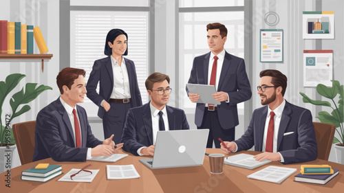 Business team in a meeting discussing strategies and ideas in a modern office environment with laptops and papers