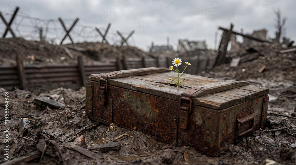 Fototapeta premium Delicate daisy emerges from a rusty ammunition box, symbolizing hope and peace in a war-torn trench.