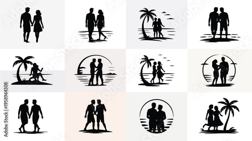 Romantic beach silhouettes of loving couples in various poses with palm trees and sunsets