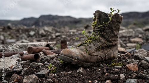Photos Old military boot covered in moss and sprouts, symbolizing resilience and new life in a desolate landscape