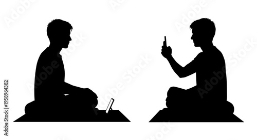 Two individuals engaged in contrasting smartphone interactions while seated on the ground Vector, illustration