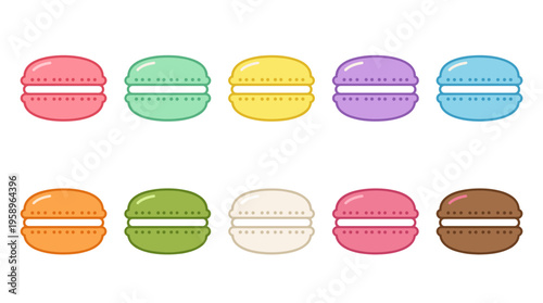 Colorful French Macaron Cookies Collection in Various Flavors, Delicious Sweet Dessert Pastry Icons Isolated on White Background Vector Illustration