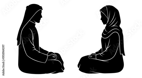 Two individuals in contemplative prayer or meditation posture with traditional attire. Vector, illustration