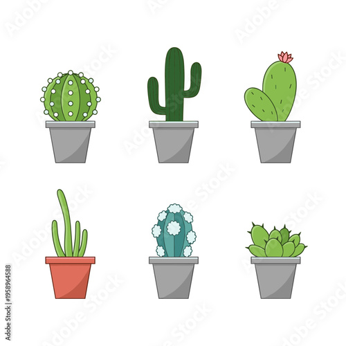 Collection of Different Cactus and Succulent Plants in Gray and Red Ceramic Pots Isolated on White Background Minimalist Botanical Vector Art