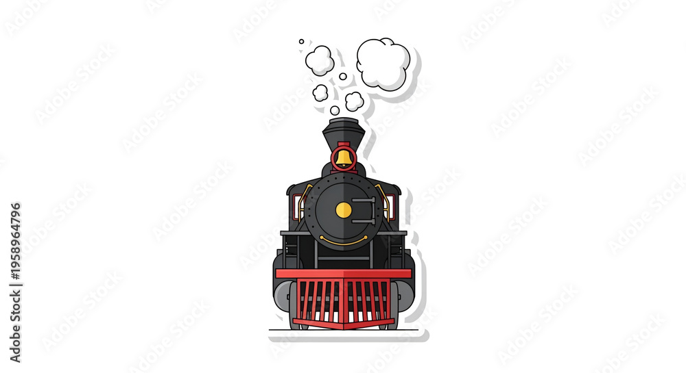 Fototapeta premium Retro Steam Locomotive Train Front View with Smoke and Bell Icon