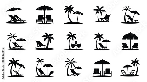 Beach vacation silhouette icons set with palm trees lounge chairs and umbrellas on white background for travel and tourism design
