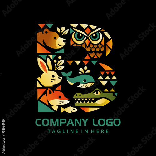 Geometric Alphabet letter B with animal motifs logo