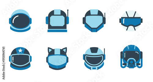 Set of Diverse Astronaut Helmet Icons and Space Suit Headgear Designs Isolated on White Background for Science Fiction and Galaxy Exploration Projects
