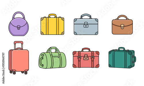 Collection of Travel Luggage and Suitcase Icons Featuring Various Styles of Briefcases Duffel Bags and Rolling Trunks for Vacation and Business Trip