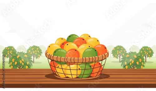 Basket of fresh mangoes on wooden table with mango plantation vector illustration isolated on white background