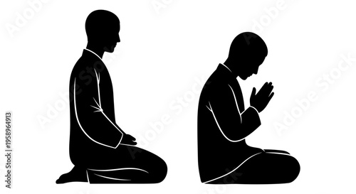 Two individuals performing different prayer postures in a solemn manner Vector, illustration