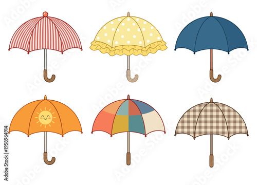 Set of Six Colorful Patterned Umbrellas Isolated on White Background, Stripes, Polka Dots, Sun, Plaid and Patchwork Designs Vector Illustration for Rainy Day, Weather and Autumn Season