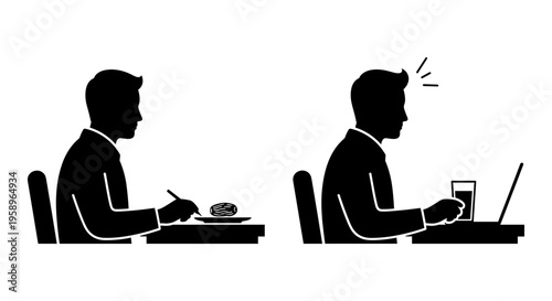 Contrast between traditional meal and modern work habits with technology Vector, illustration