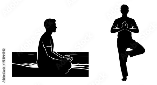 Meditation and yoga poses for relaxation and balance Vector, illustration