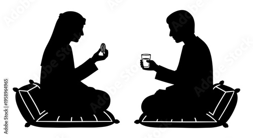 Two individuals engrossed in their handheld devices while seated on cushions Vector, illustration