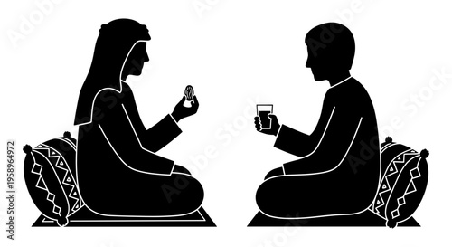 Two individuals engaged in a quiet moment with their mobile devices and beverages. Vector, illustration