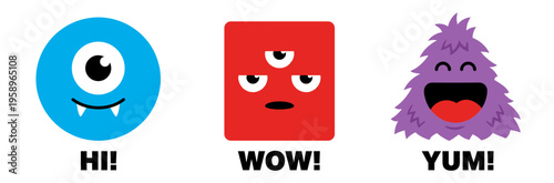 Three Funny Cartoon Monsters in Circle Square and Triangle Shapes with Expressions, Cute Blue Red and Purple Creature Characters Vector Illustration Set