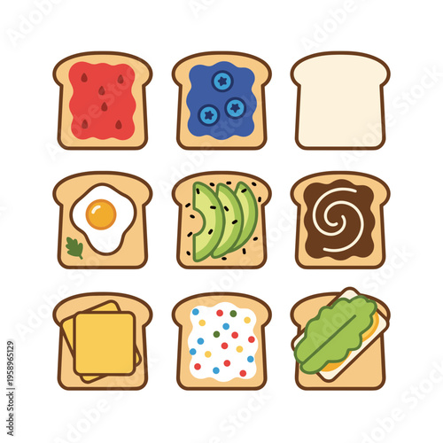 Assorted Toasts with Healthy Toppings Including Jam Blueberries Egg Avocado Chocolate Spread and Cheese, Breakfast Food Set Vector Illustration on White