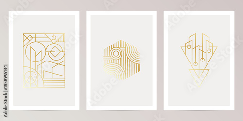 Luxury Art Deco Gold Geometric Line Art Posters, Abstract Minimalist Wall Decor Set