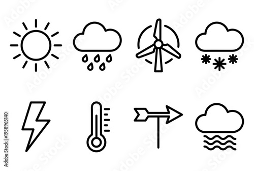 Weather and Meteorology Line Icons Set Including Sun, Rain, Wind Turbine, Snow, Lightning, Thermometer, Wind Vane and Foggy Cloud Vector Symbols