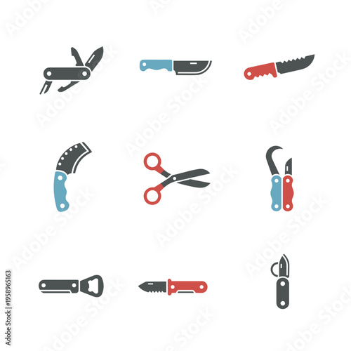 Various Pocket Knives and Multitool Icons Set Featuring Folding Blade, Scissors, Saw, Bottle Opener and Camping Survival Gear Vector Illustrations