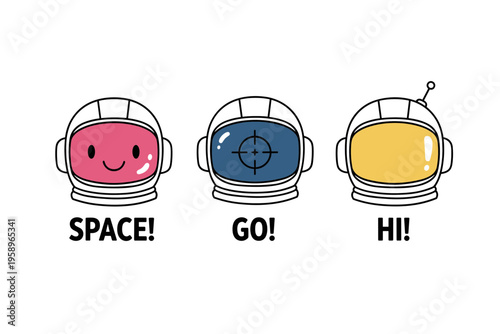 Cute Astronaut Helmets with Colorful Glass Visors and Minimalist Face Expressions, Creative Space Exploration Vector Icons for Science Technology Design