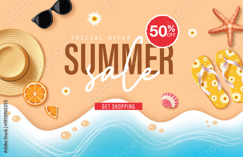 Summer Sale Banner With Beach Essentials And Sea Waves Background Vector Illustration