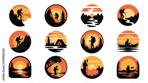 Collection of 12 circular camping icons featuring silhouettes of campers at sunset with orange and yellow sky