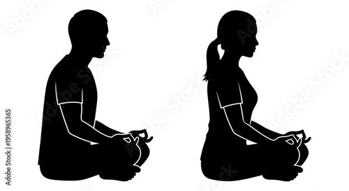 Two individuals practicing meditation in a cross-legged seated position Vector, illustration