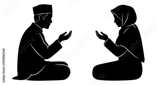 A man and woman engaging in a traditional prayer pose together. Vector, illustration