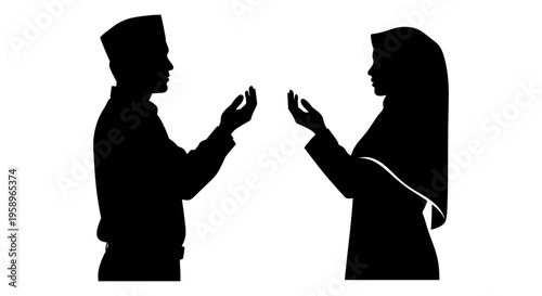 Silhouette of a man and woman exchanging rings in a formal gesture Vector, illustration