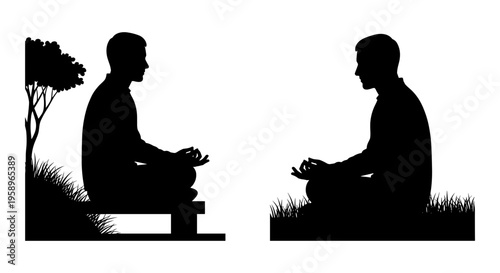 Two individuals engaging in a silent and contemplative conversation outdoors. Vector, illustration