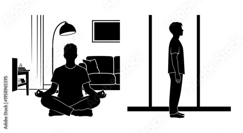 Person meditating in a room contrasted with a standing posture measurement Vector, illustration