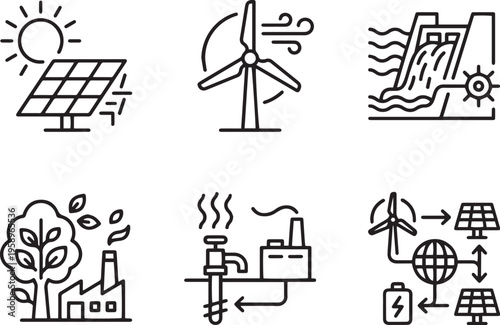 Minimal outline vector icon set featuring renewable energy, sustainability, and eco-friendly concepts including solar panels, wind turbines, green energy, and industrial power systems in a clean moder