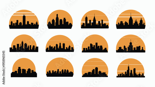 Collection of city skyline silhouettes at sunset with vibrant orange and yellow gradient backgrounds