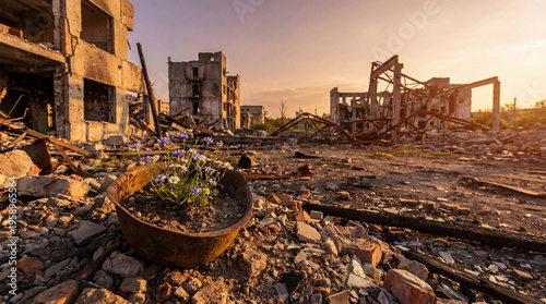 A symbolic photograph of wildflowers growing in a military helmet amidst the ruins of a war-torn city at sunset.