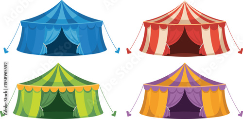 Set of four colorful circus tent vectors with stripes and curtains in blue red green and purple festival illustrations